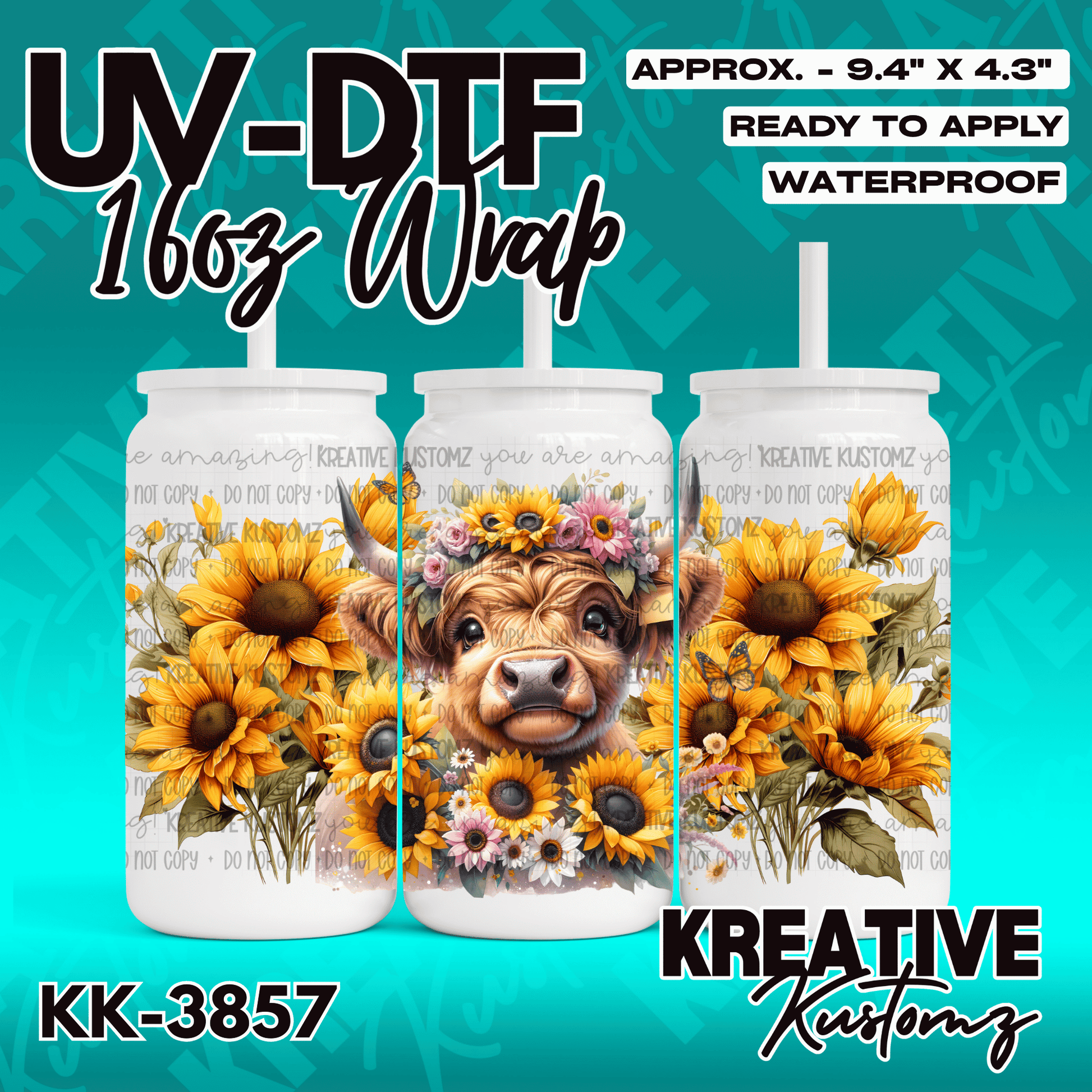 A UV DTF adhesive wrap for a 16oz glass can featuring a highland cow surrounded by sunflowers.