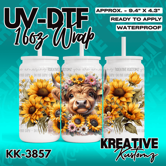 A UV DTF adhesive wrap for a 16oz glass can featuring a highland cow surrounded by sunflowers.