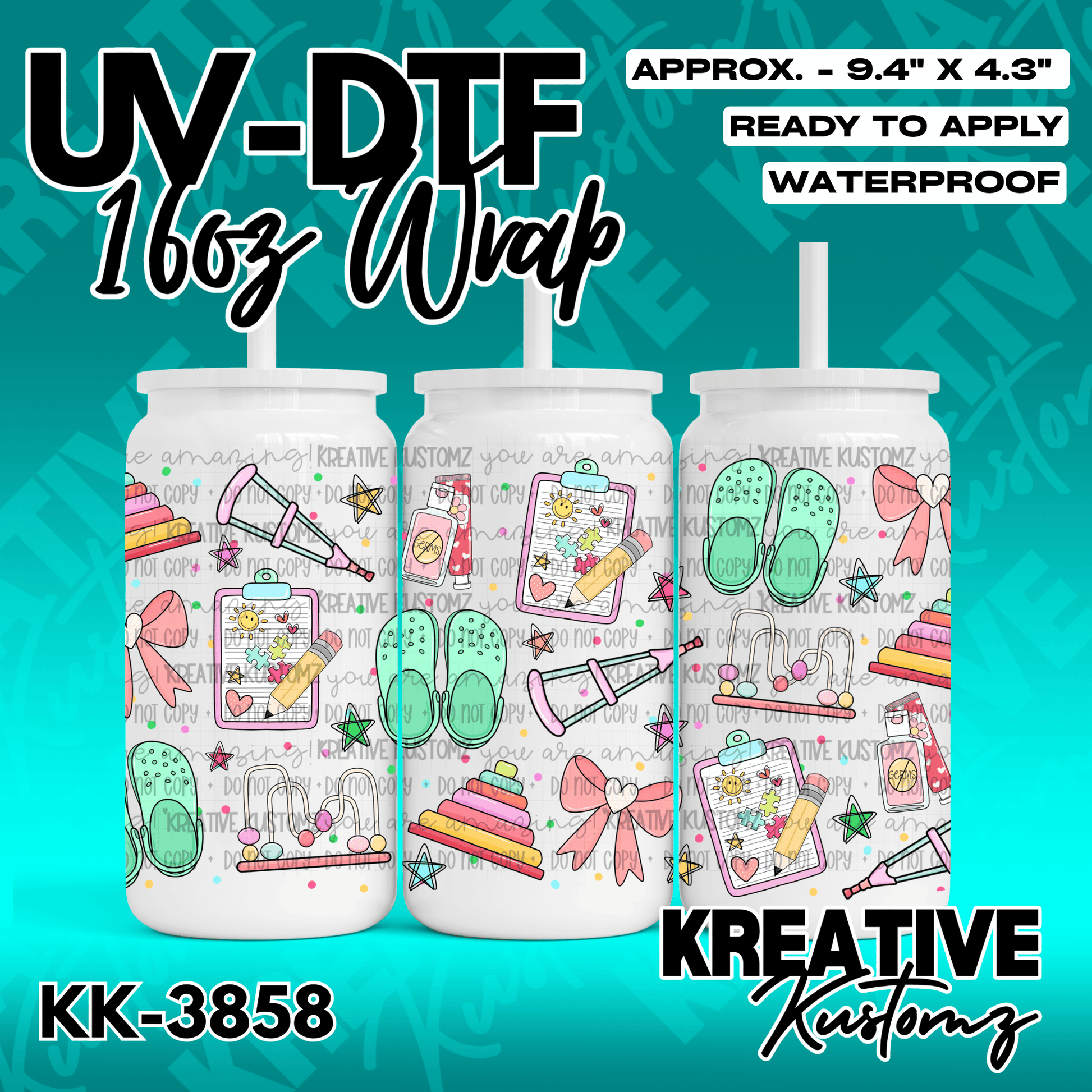 A waterproof UV DTF adhesive wrap for 16oz glass cans featuring a colorful pediatric theme.