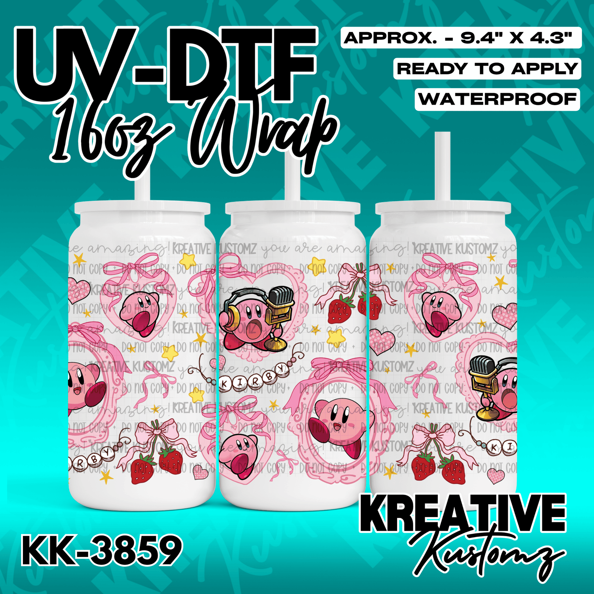 A UV DTF cup wrap featuring a pink Kirby theme with hearts, strawberries, and microphones.