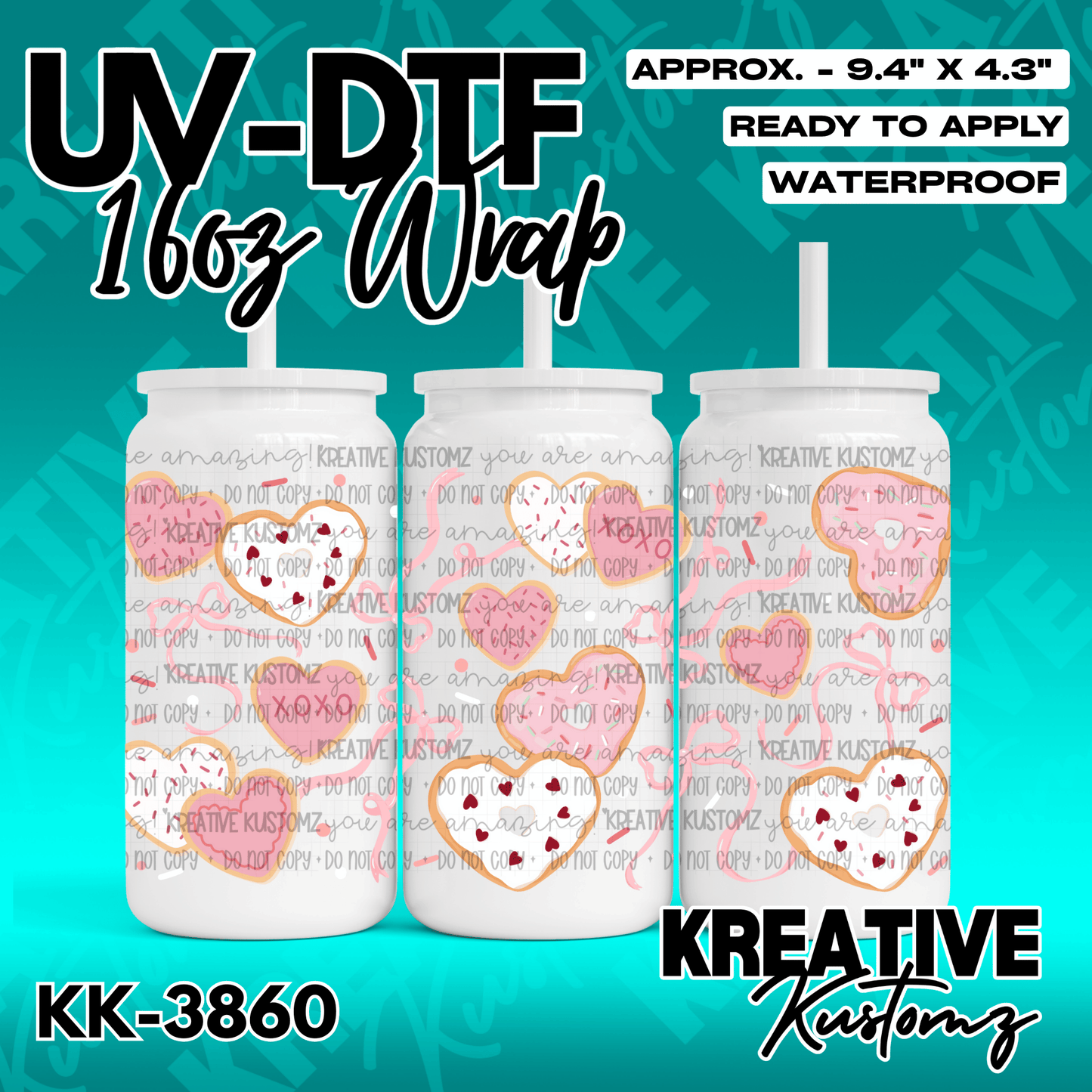 A UV DTF adhesive wrap for 16oz glass cans featuring a pattern of heart-shaped donuts.
