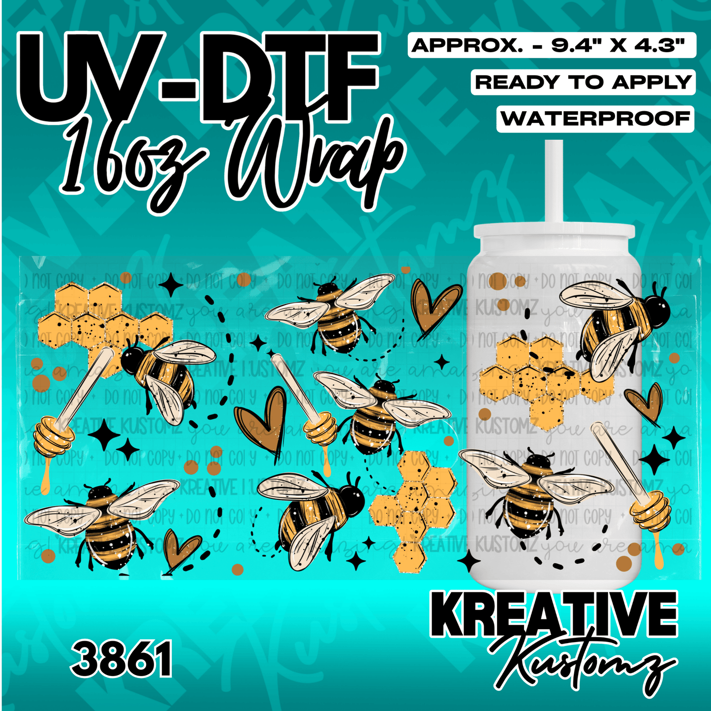 A bee and honeycomb themed adhesive wrap for a 16oz glass cup.