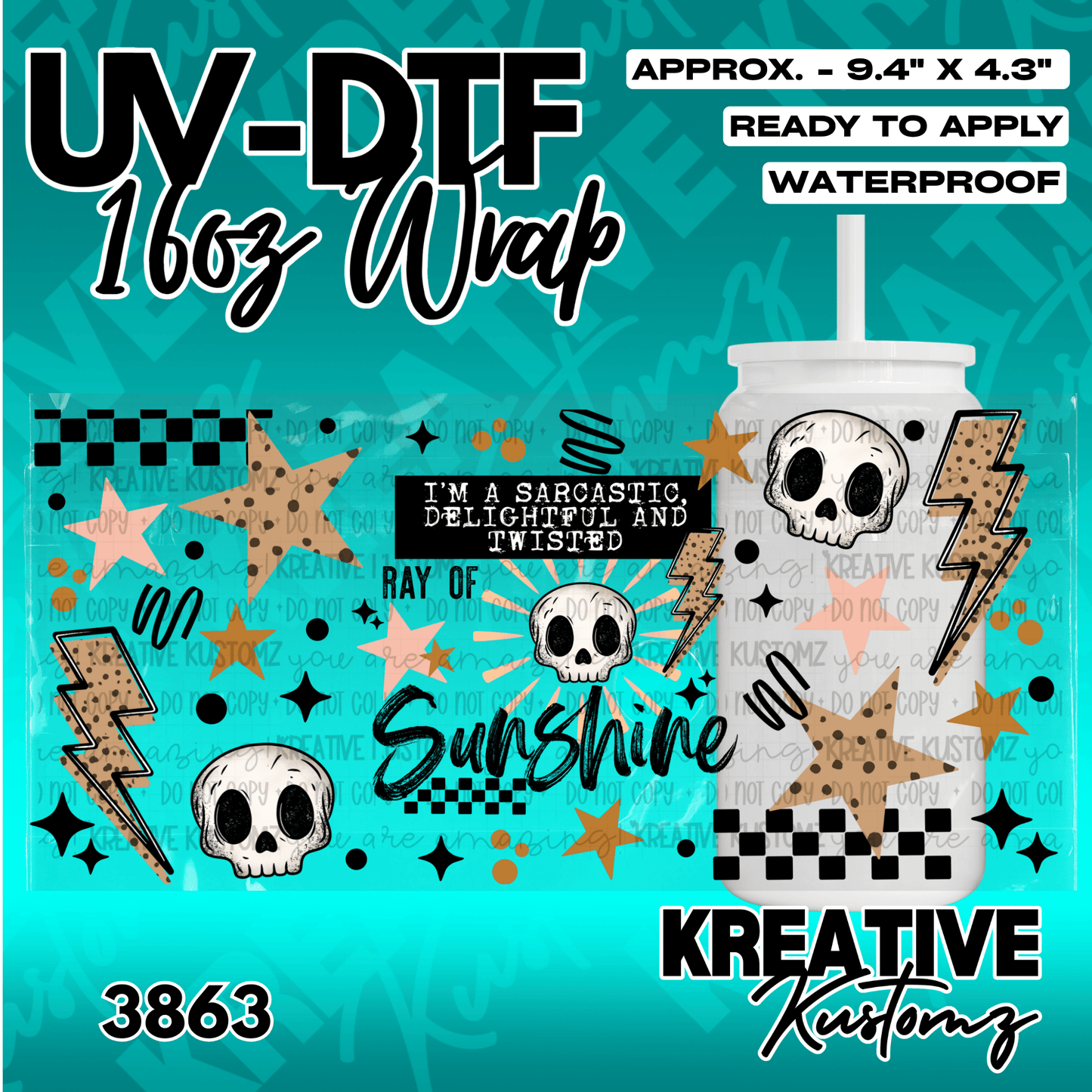 A UV DTF cup wrap featuring skulls, stars, lightning bolts, and the text Ray of Sunshine.