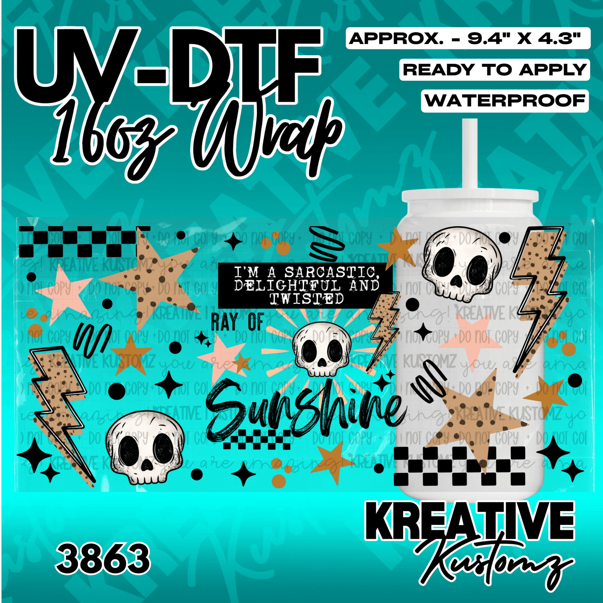 A UV DTF cup wrap featuring skulls, stars, lightning bolts, and the text Ray of Sunshine.