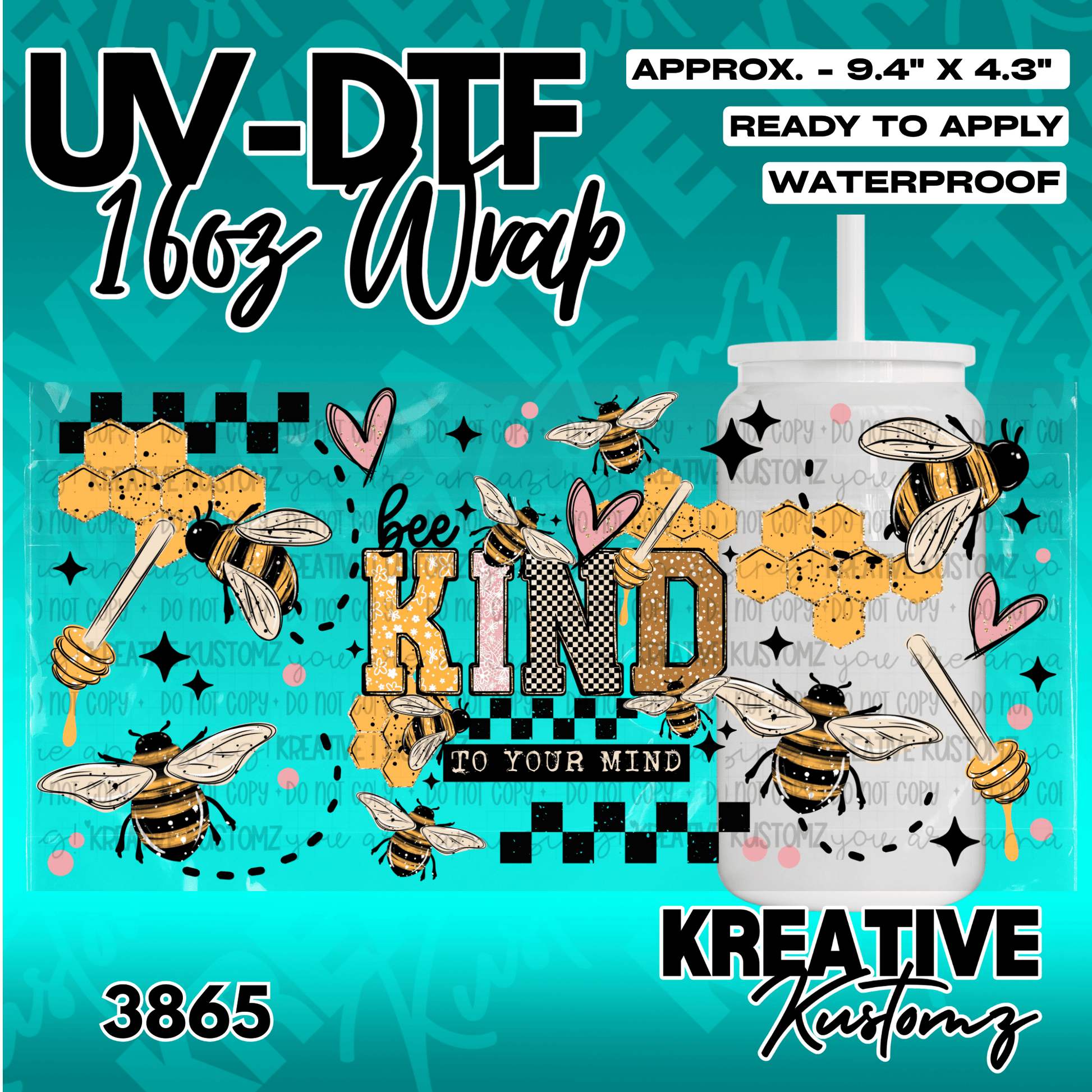 A bee-themed UV DTF adhesive wrap for a 16oz glass cup featuring honeycomb and floral patterns.