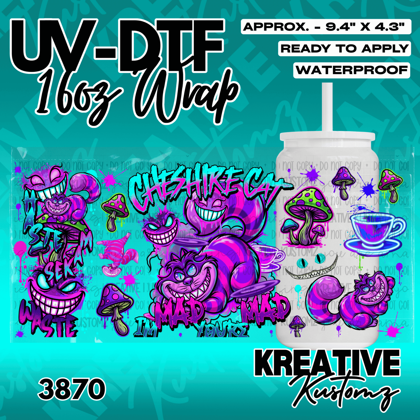 A UV DTF cup wrap featuring a colorful Cheshire Cat and mushroom design for a 16oz glass can.