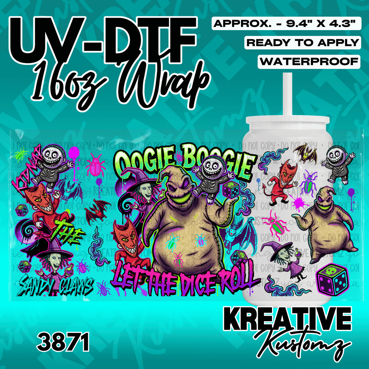 A Nightmare Before Christmas themed UV DTF adhesive wrap for a 16oz glass can.