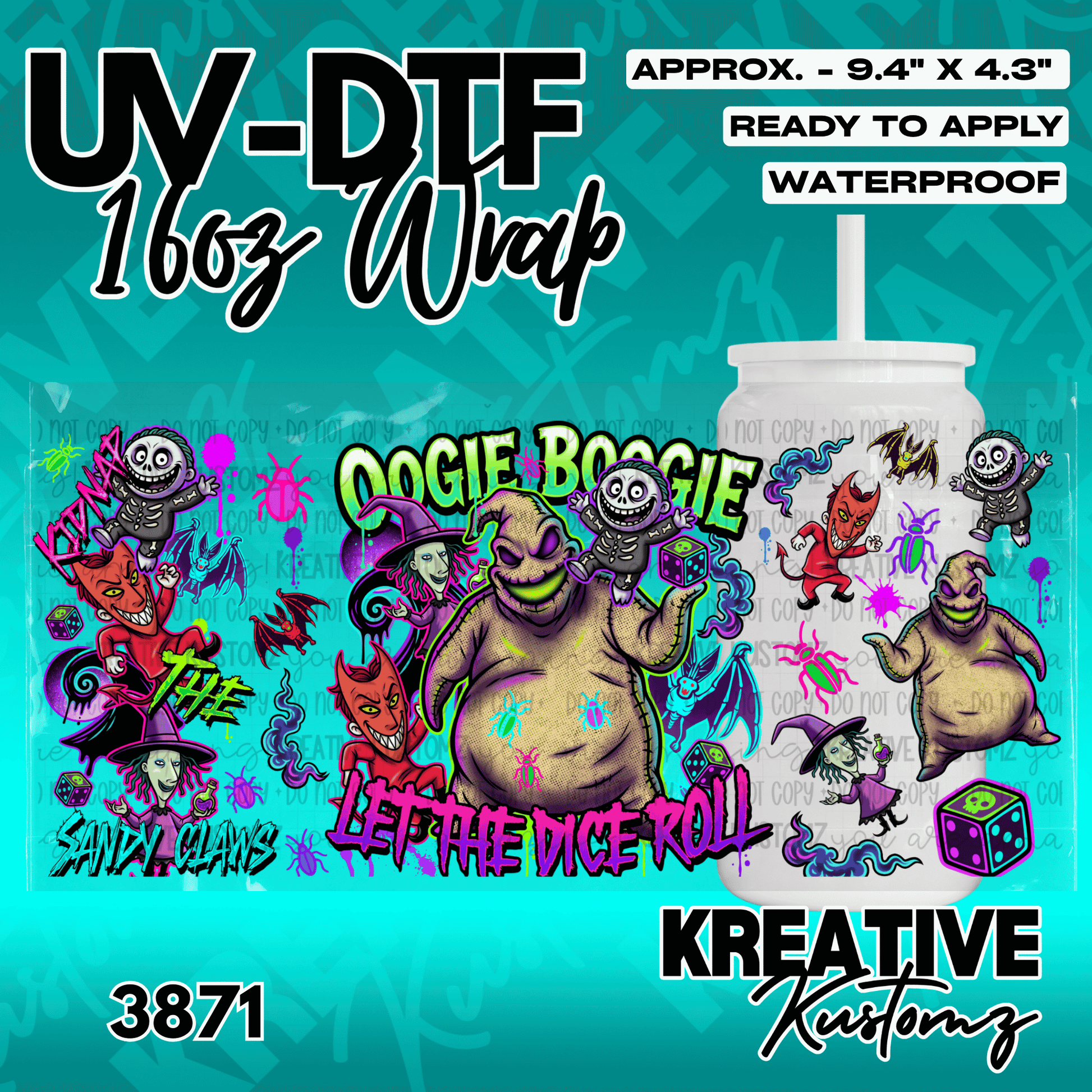 A Nightmare Before Christmas themed UV DTF adhesive wrap for a 16oz glass can.
