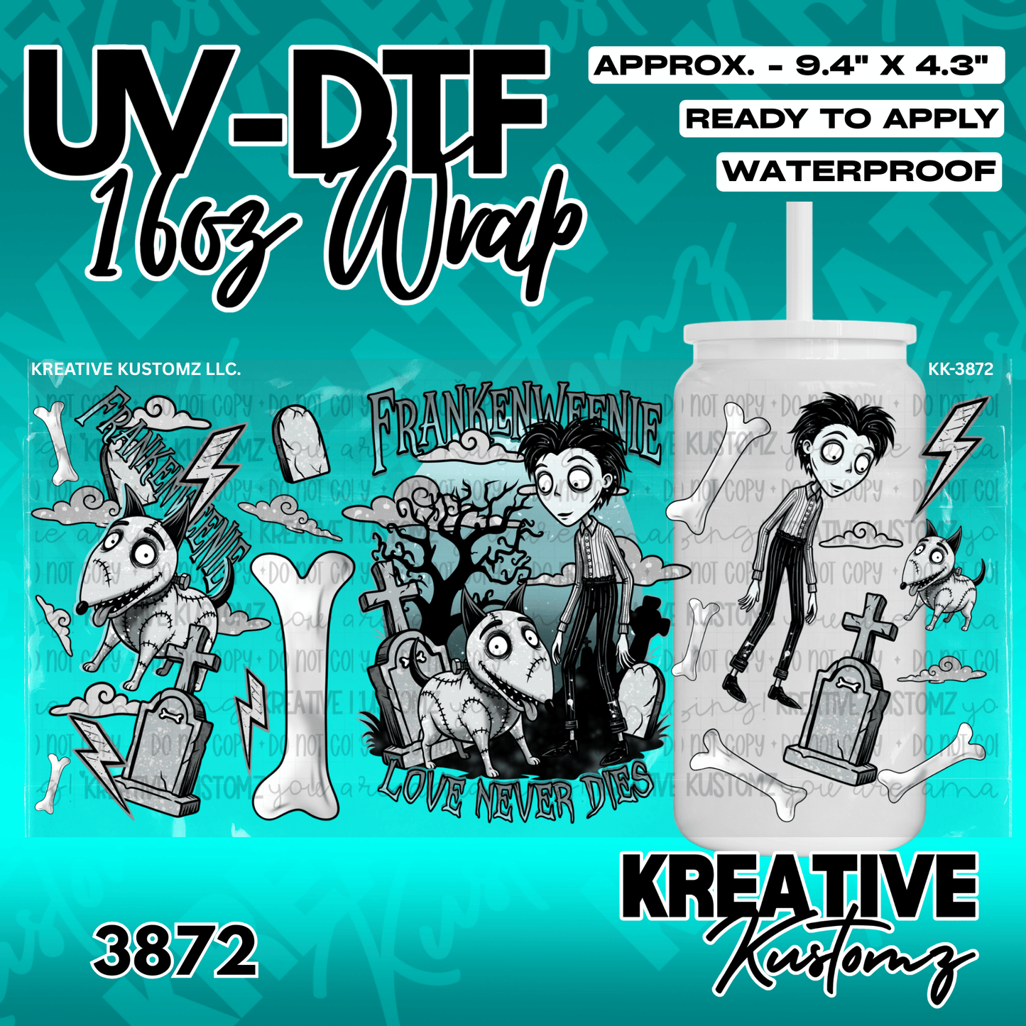 A Frankenweenie themed UV DTF adhesive wrap for a 16oz glass cup featuring characters and motifs.