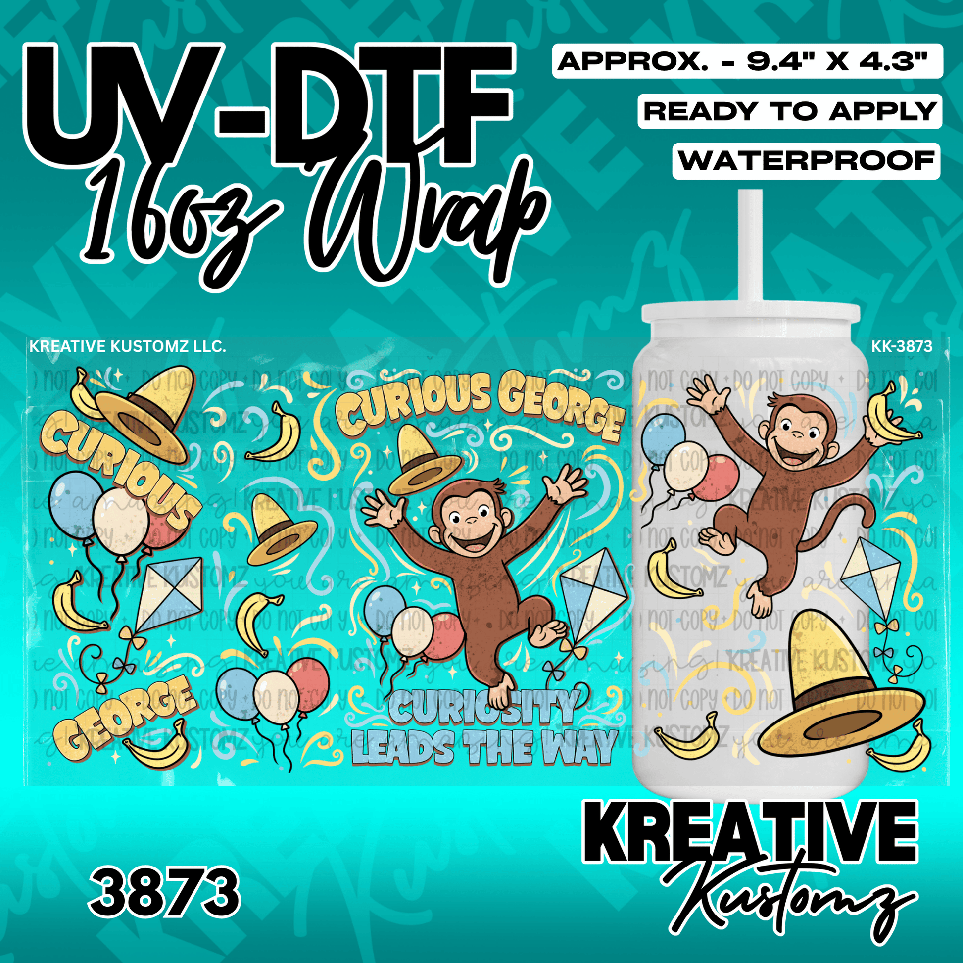 A Curious George themed adhesive wrap for a 16oz glass cup featuring balloons and bananas.