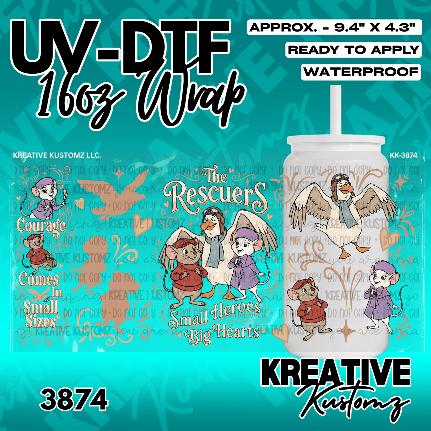A UV DTF adhesive wrap for 16oz glass cans featuring The Rescuers characters and text.