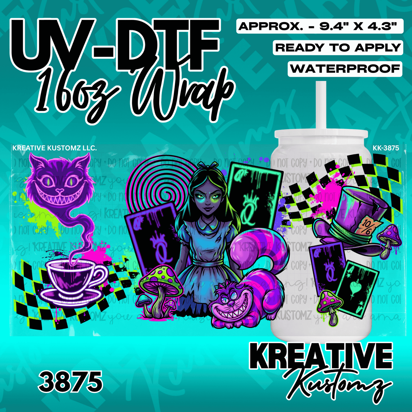 An Alice in Wonderland themed UV DTF adhesive wrap for a 16oz glass cup.