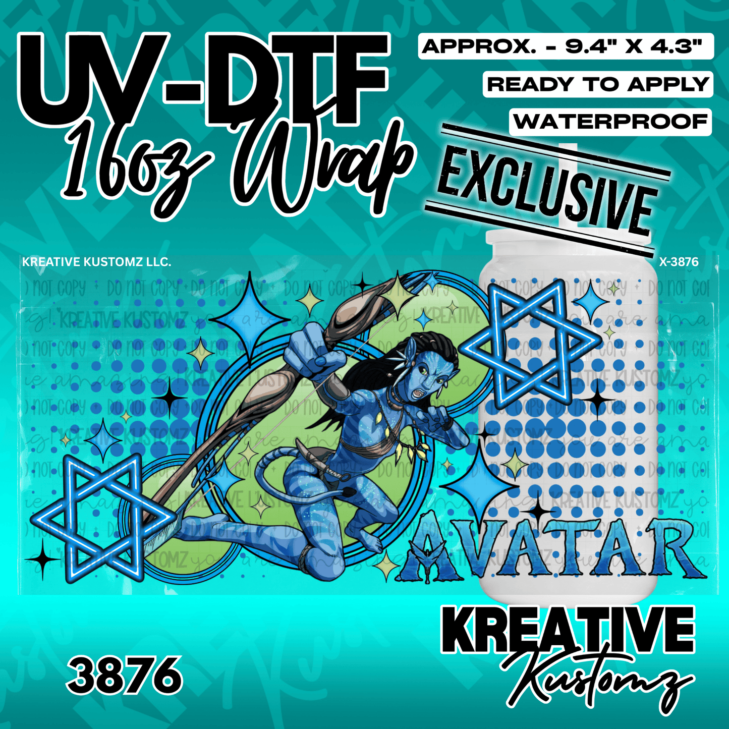 A UV DTF adhesive wrap for a 16oz glass cup featuring an Avatar character and blue star designs.