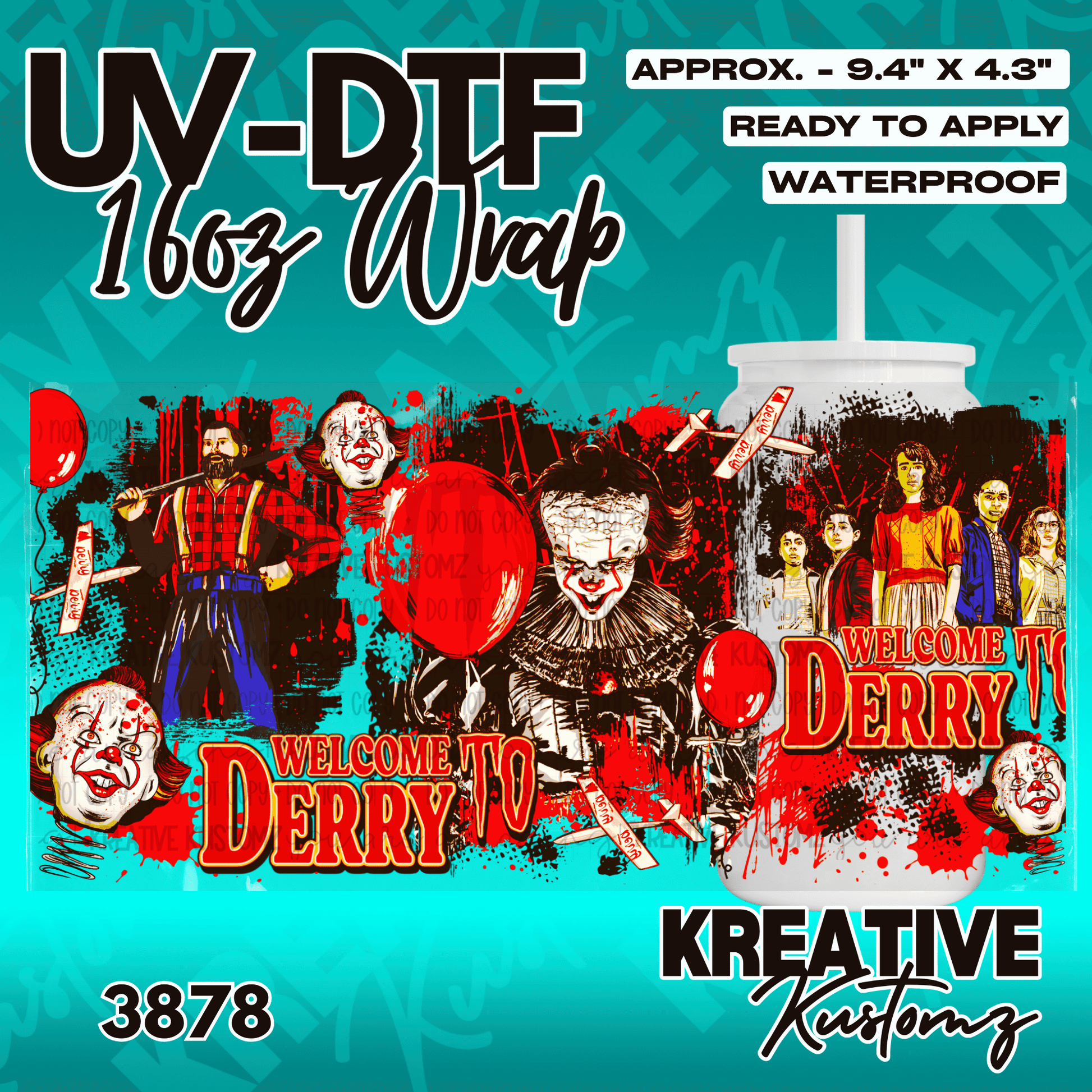 A horror-themed UV DTF cup wrap featuring Pennywise and Derry characters on a red and black background.
