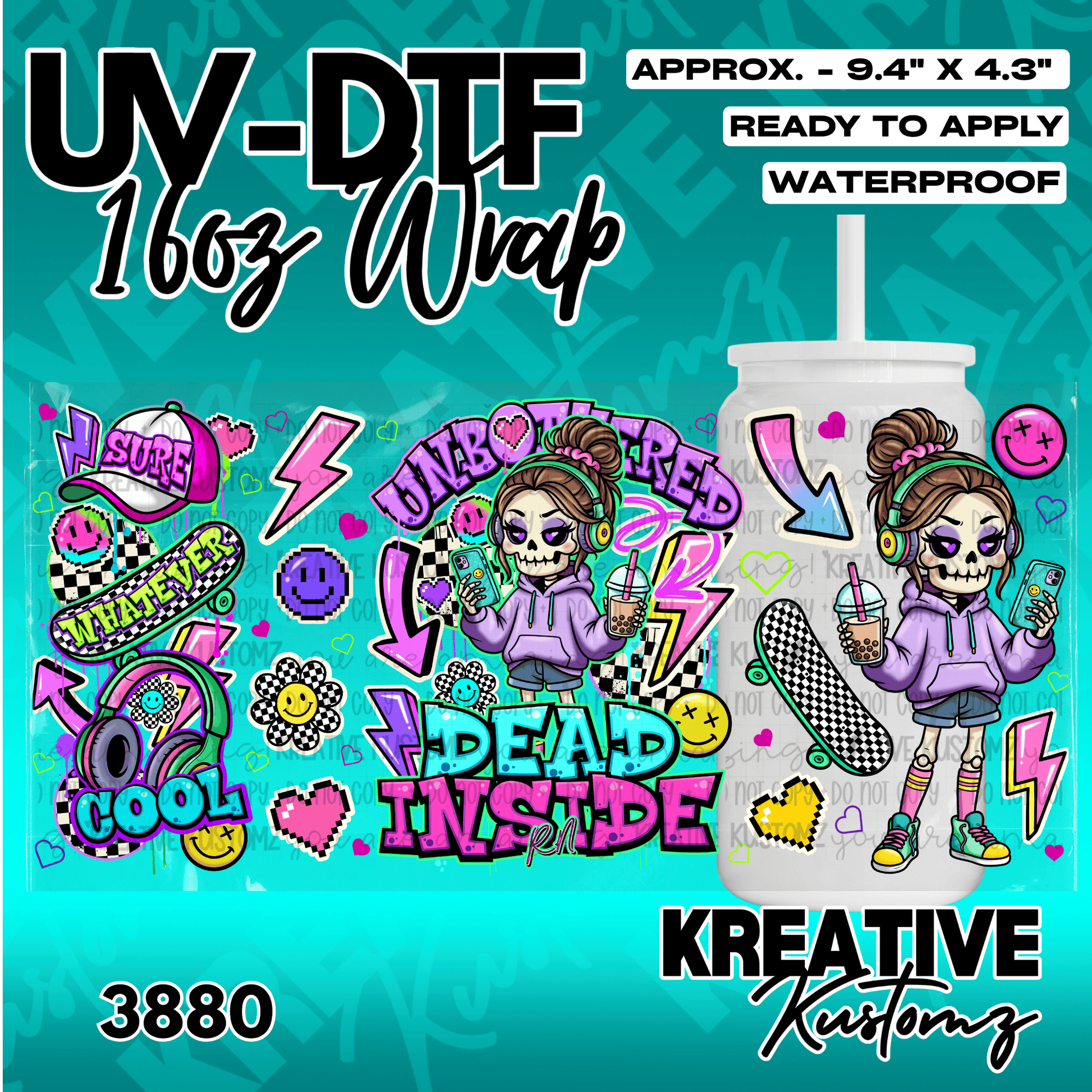 A UV DTF adhesive wrap for a 16oz glass cup featuring a skeleton girl with colorful stickers.