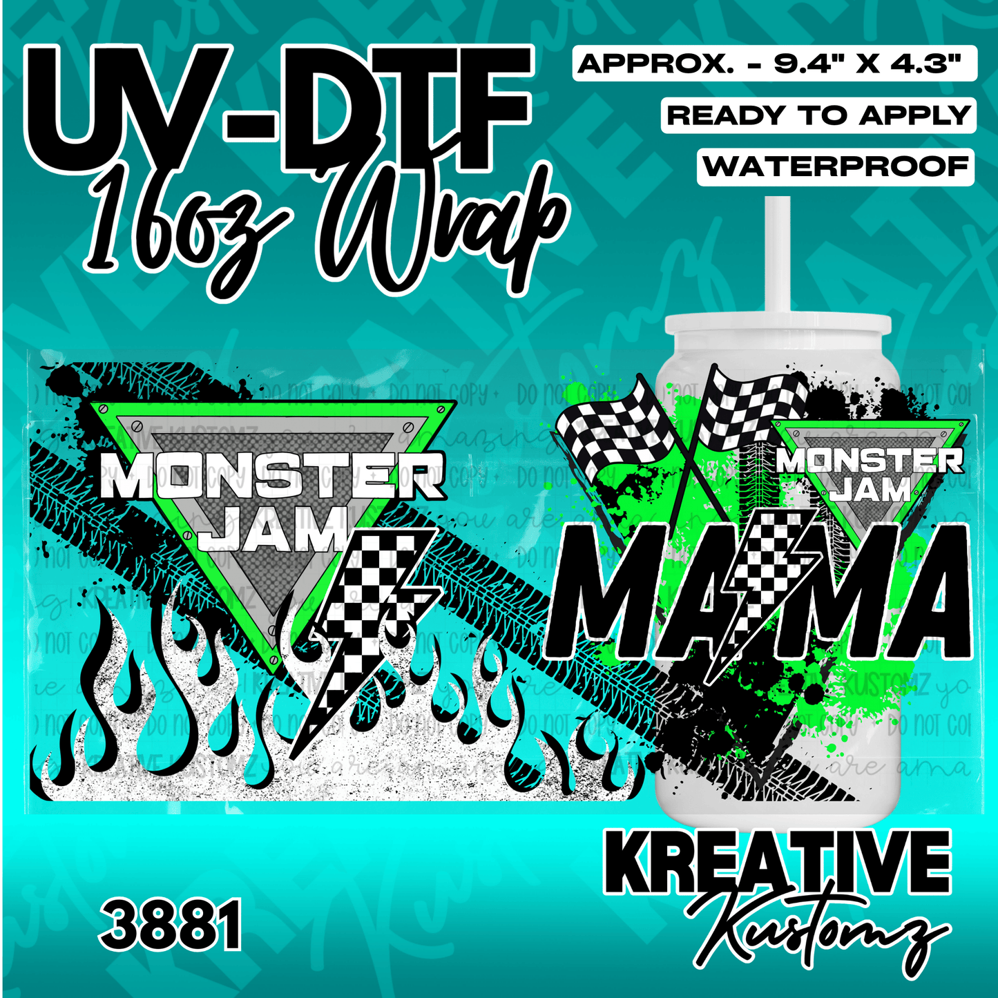 A Monster Truck Mama themed UV DTF adhesive wrap for a 16oz glass cup.