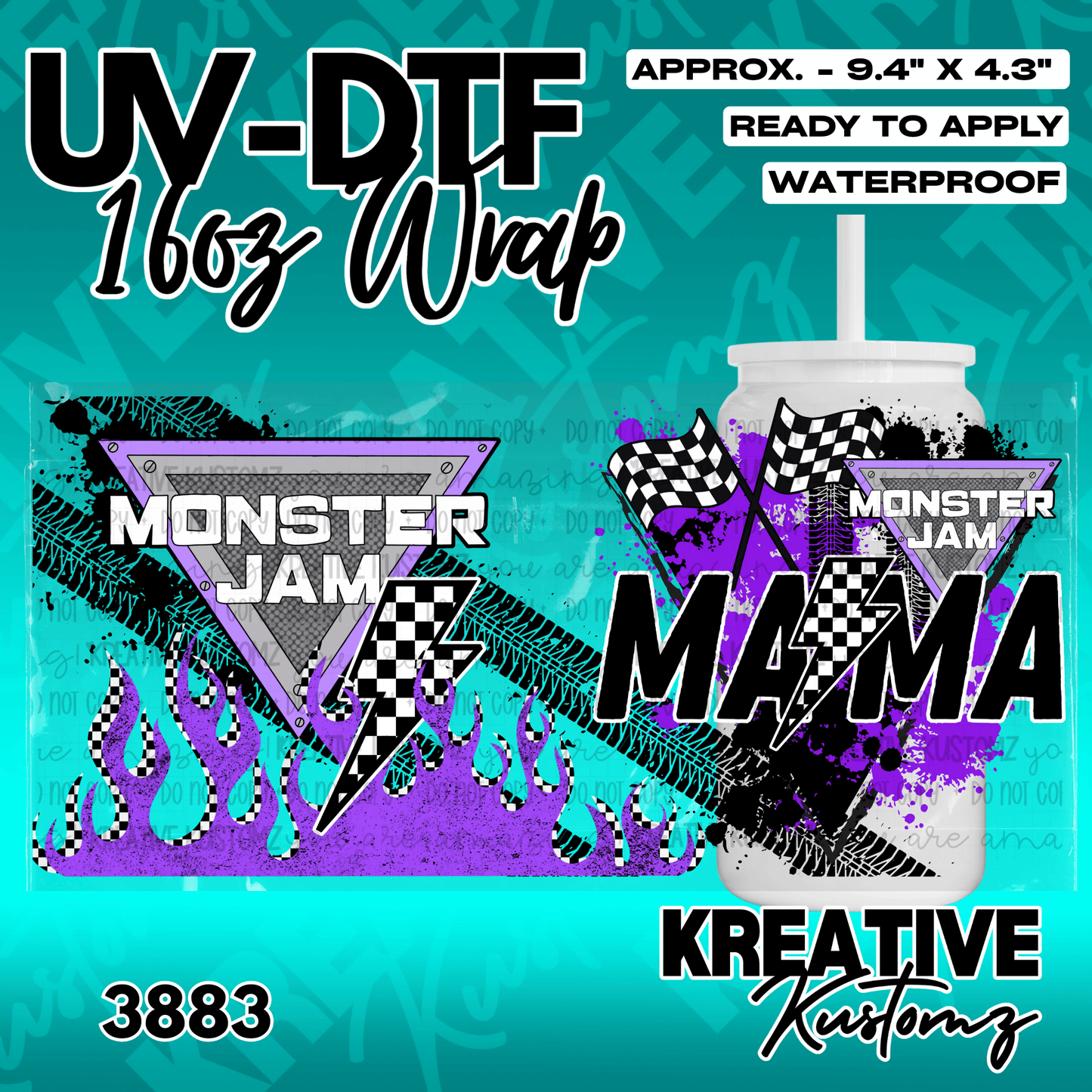A UV DTF cup wrap featuring Monster Jam and Mama text with checkered flags and purple flames.