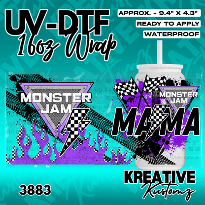 A UV DTF cup wrap featuring Monster Jam and Mama text with checkered flags and purple flames.