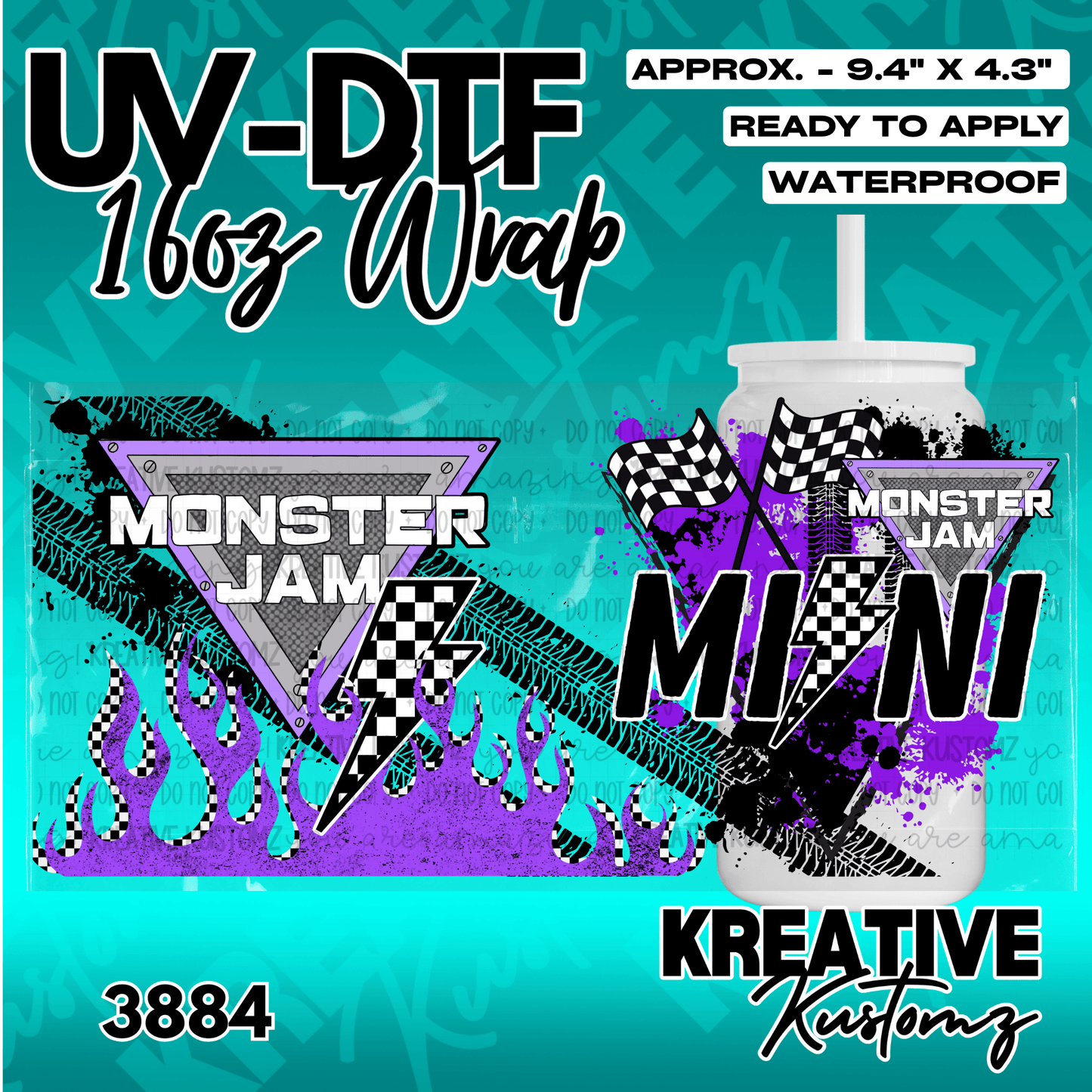 A Monster Jam themed UV DTF cup wrap featuring purple flames, checkered flags, and tire tracks.