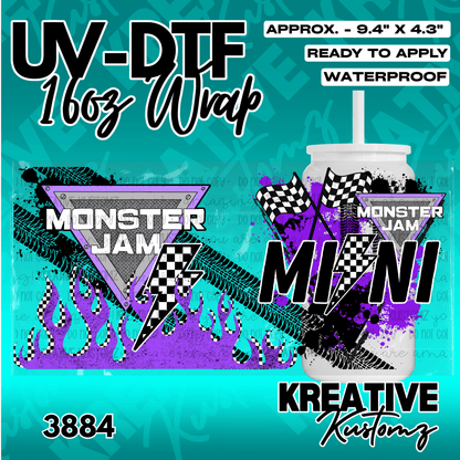 A Monster Jam themed UV DTF cup wrap featuring purple flames, checkered flags, and tire tracks.