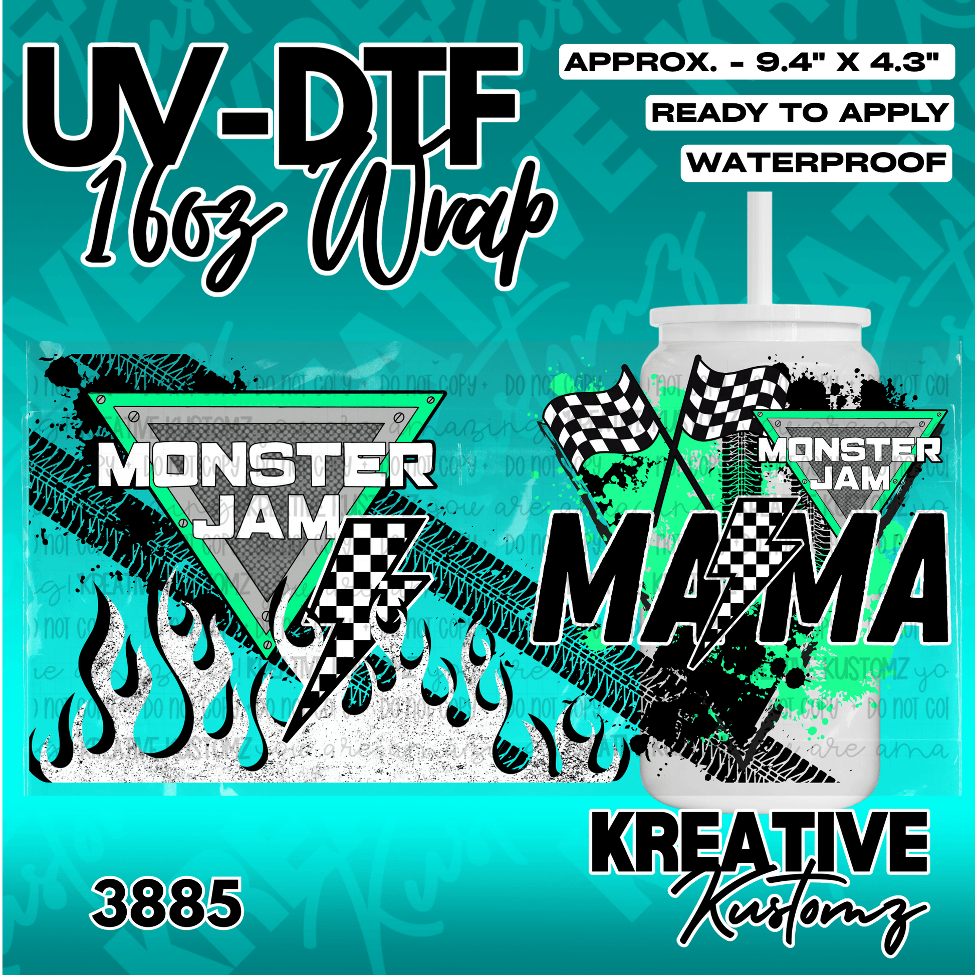 A Monster Truck Mama themed UV DTF cup wrap featuring checkered flags, flames, and tire tracks.