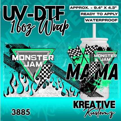 A Monster Truck Mama themed UV DTF cup wrap featuring checkered flags, flames, and tire tracks.