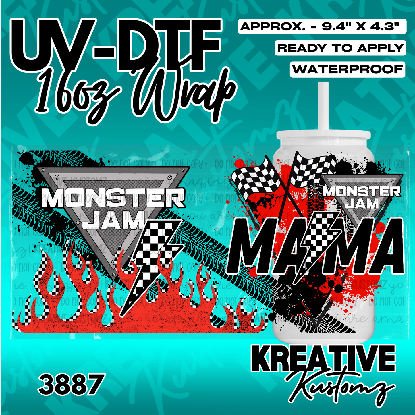 A Monster Truck Mama themed UV DTF adhesive wrap for a 16oz glass can.