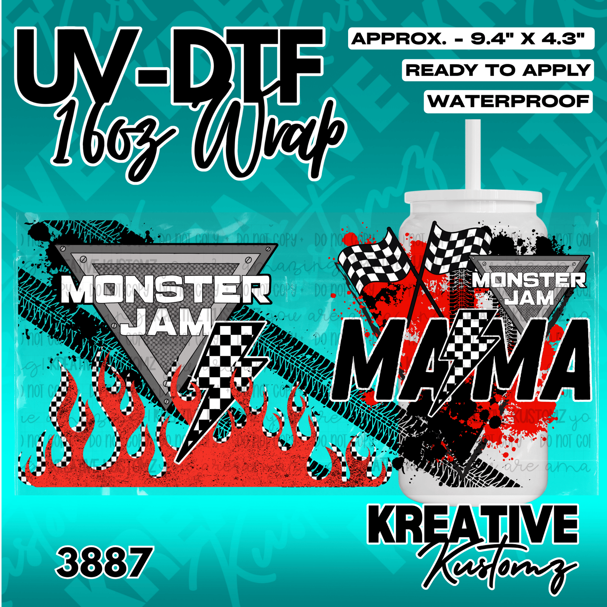 A Monster Truck Mama themed UV DTF adhesive wrap for a 16oz glass can.