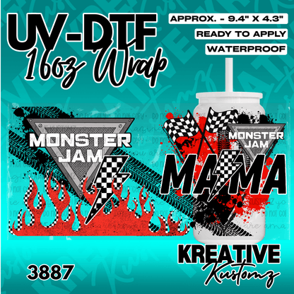 A Monster Truck Mama themed UV DTF adhesive wrap for a 16oz glass can.