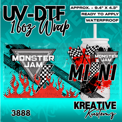 A Monster Jam themed UV DTF wrap for a 16oz glass can featuring racing flags and flames.