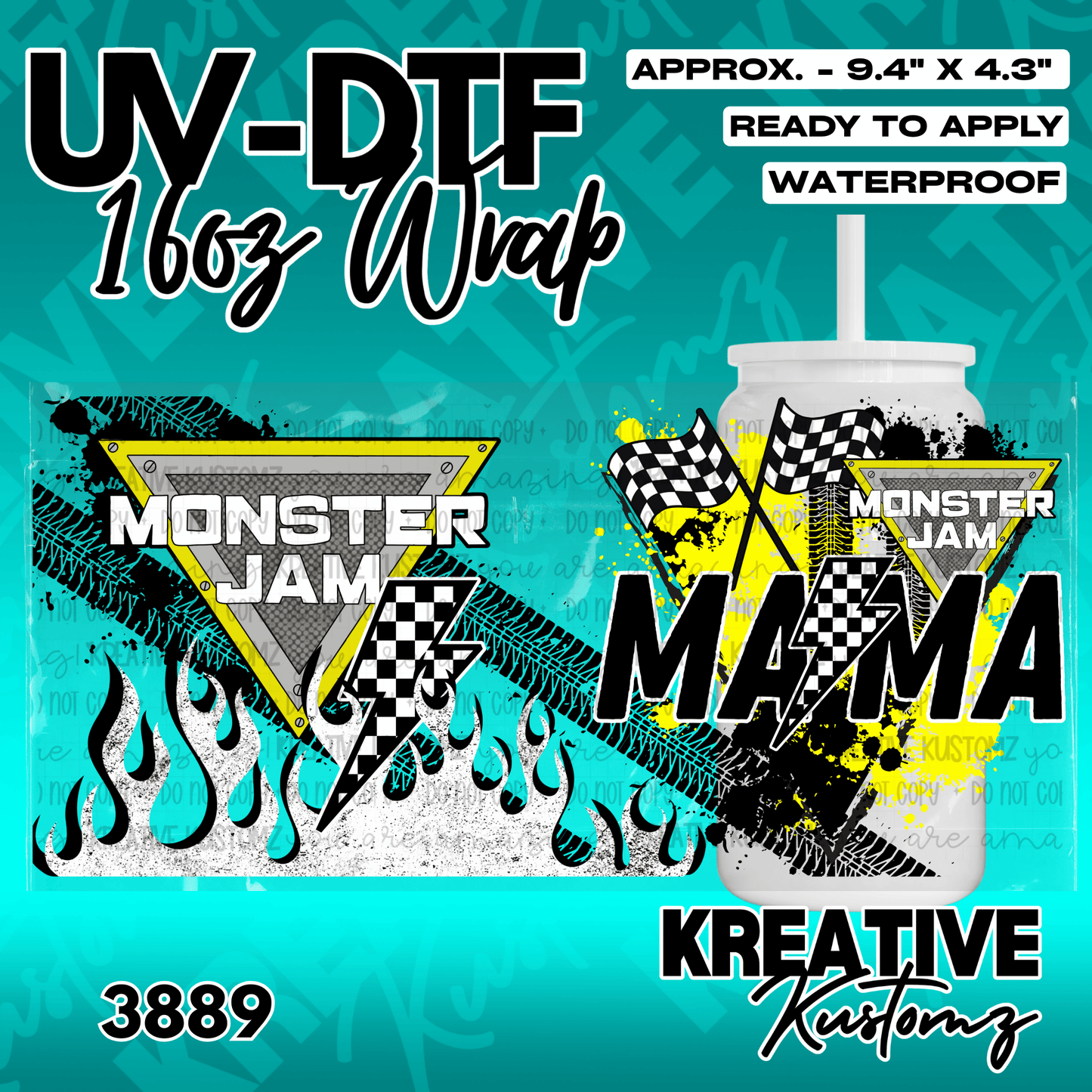 A Monster Truck Mama themed UV DTF adhesive wrap for a 16oz glass cup.