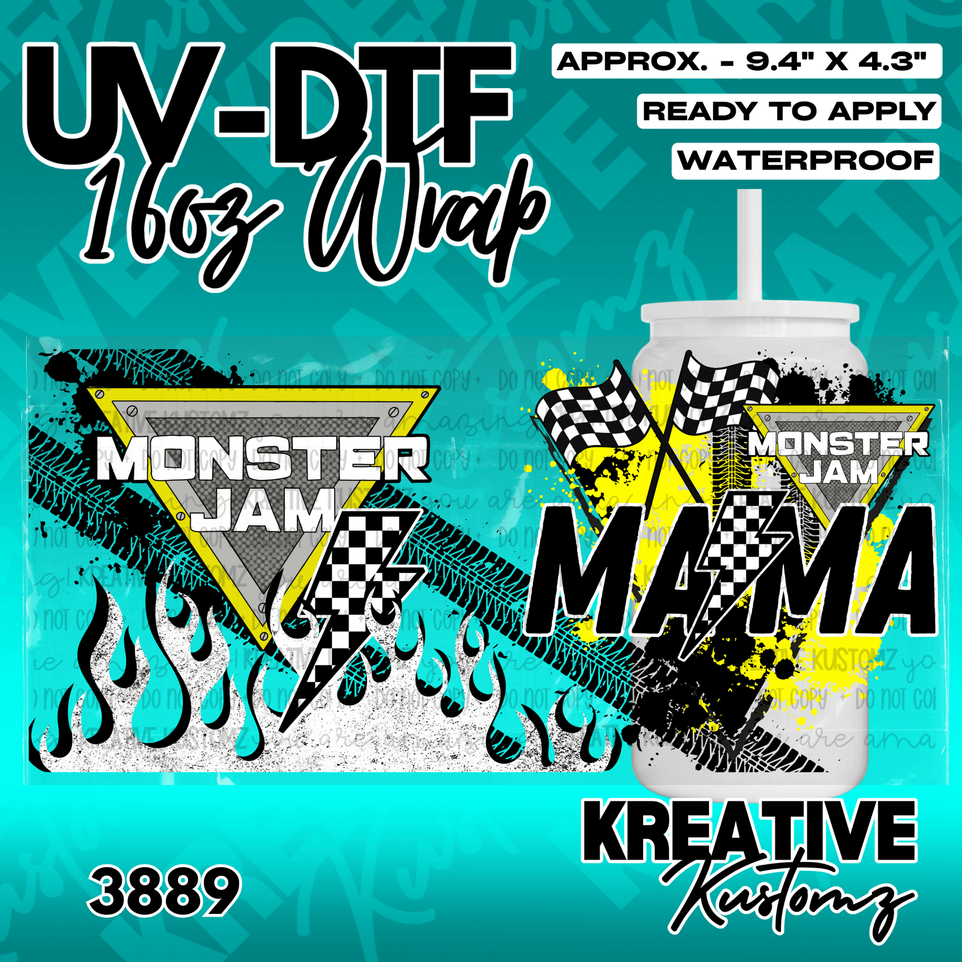 A Monster Truck Mama themed UV DTF adhesive wrap for a 16oz glass cup.