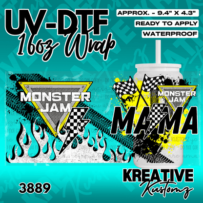 A Monster Truck Mama themed UV DTF adhesive wrap for a 16oz glass cup.