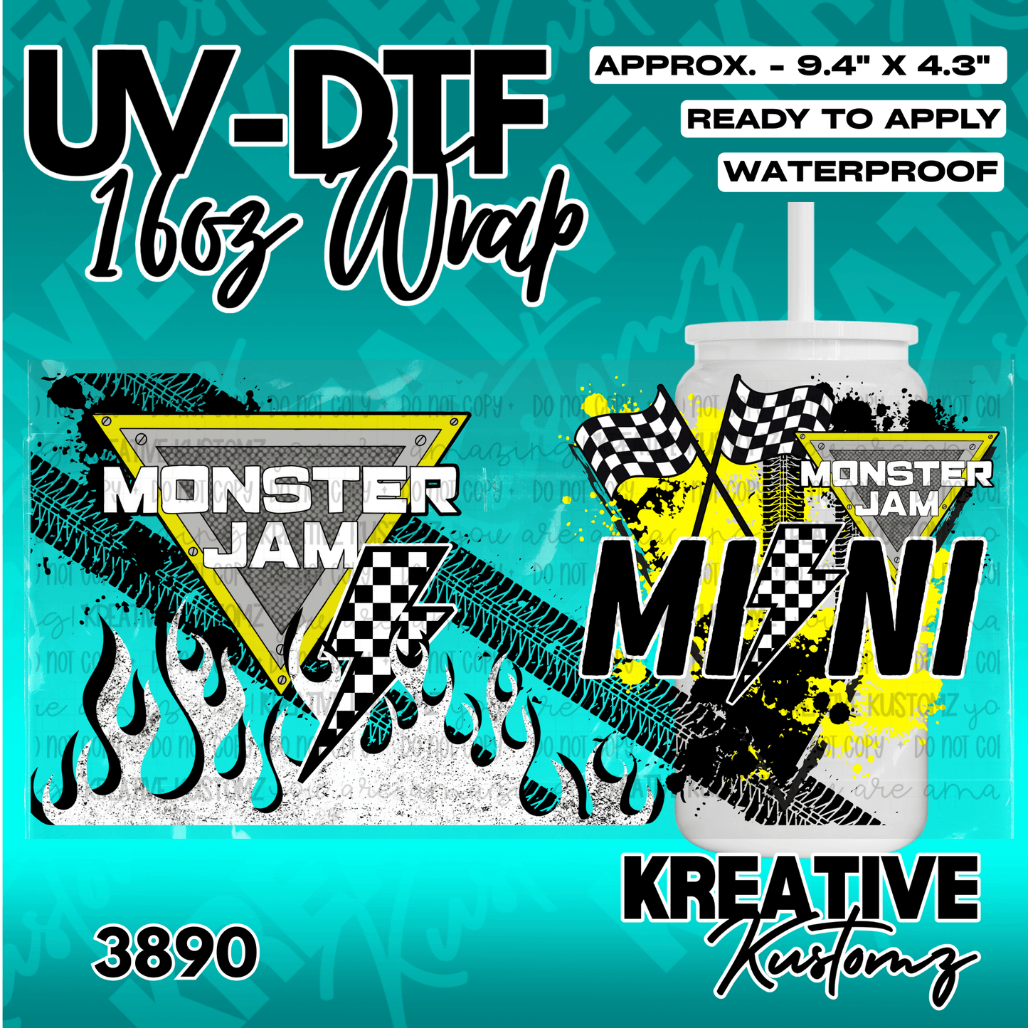 A Monster Jam themed UV DTF wrap for a 16oz glass can featuring racing flags and tire tracks.