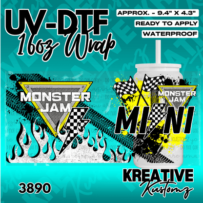 A Monster Jam themed UV DTF wrap for a 16oz glass can featuring racing flags and tire tracks.