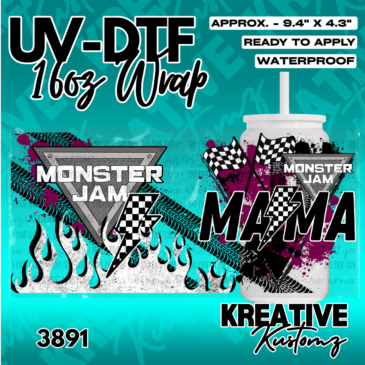 A Monster Truck Mama themed UV DTF wrap for a 16oz glass cup featuring checkered flags and flames.