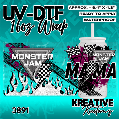 A Monster Truck Mama themed UV DTF wrap for a 16oz glass cup featuring checkered flags and flames.
