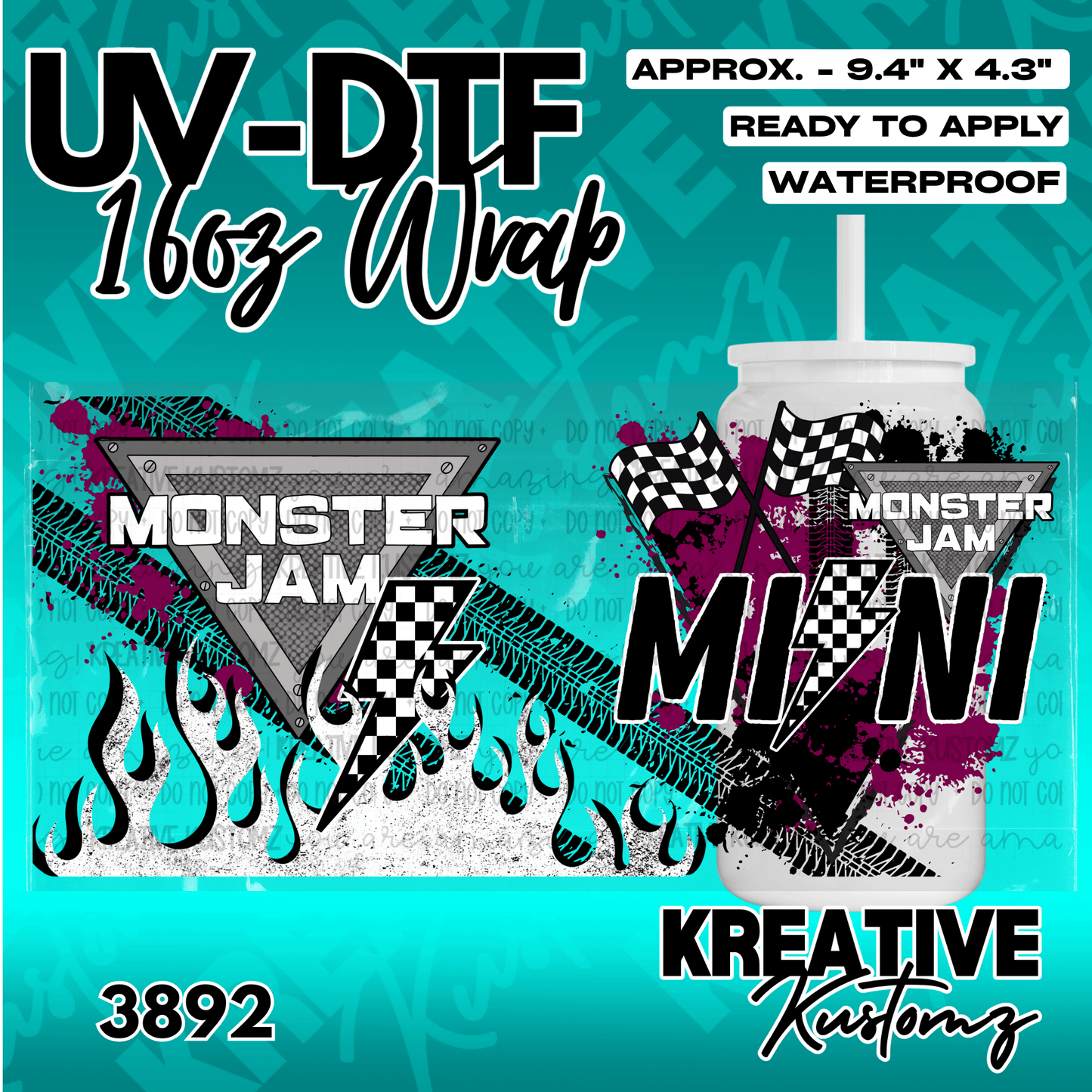 A Monster Jam themed UV DTF cup wrap featuring tire tracks, flames, and checkered flags.
