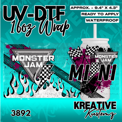 A Monster Jam themed UV DTF cup wrap featuring tire tracks, flames, and checkered flags.
