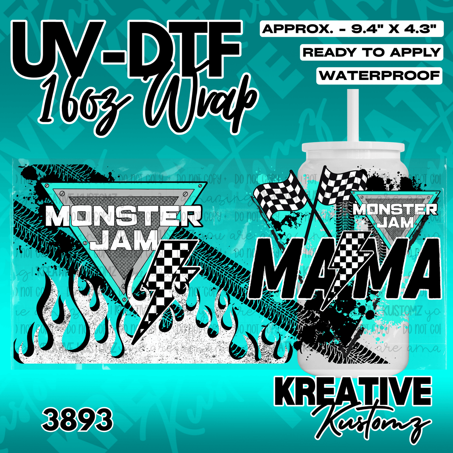 A turquoise and black Monster Truck Mama themed UV DTF wrap for a 16oz glass cup.