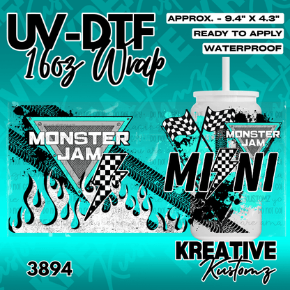 A turquoise and black Monster Jam themed UV DTF wrap for a 16oz glass can.