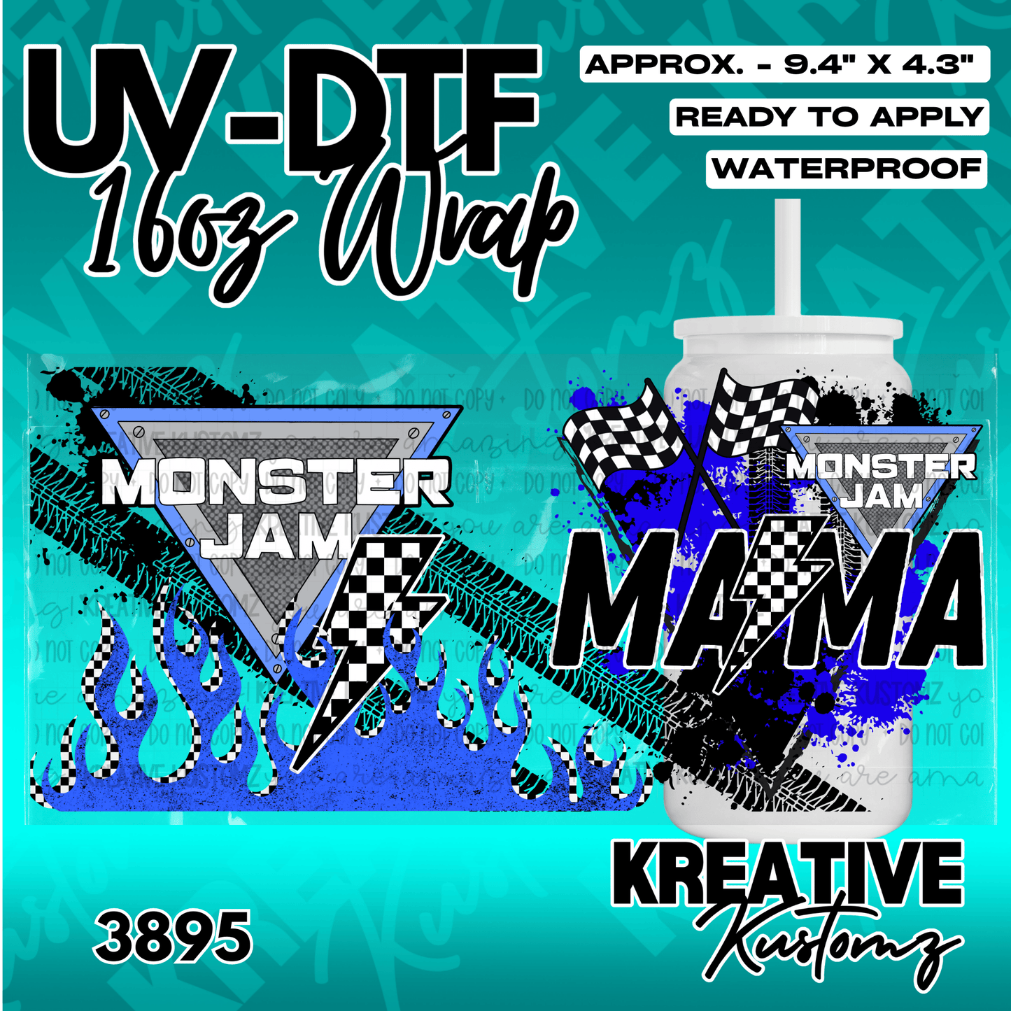 A Monster Truck Mama themed UV DTF adhesive wrap for a 16oz glass can.