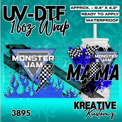 A Monster Truck Mama themed UV DTF adhesive wrap for a 16oz glass can.