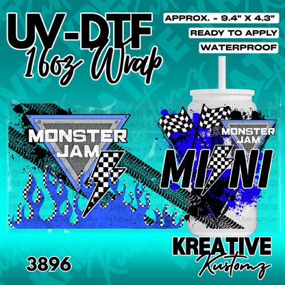 A Monster Jam themed UV DTF adhesive wrap for a 16oz glass cup featuring blue flames and tires.