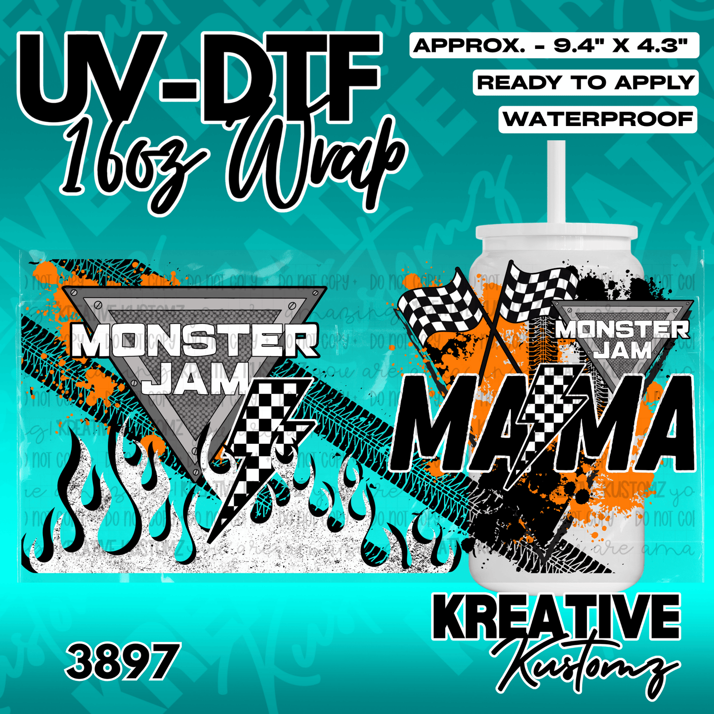A Monster Truck Mama themed UV DTF adhesive wrap for a 16oz glass can.