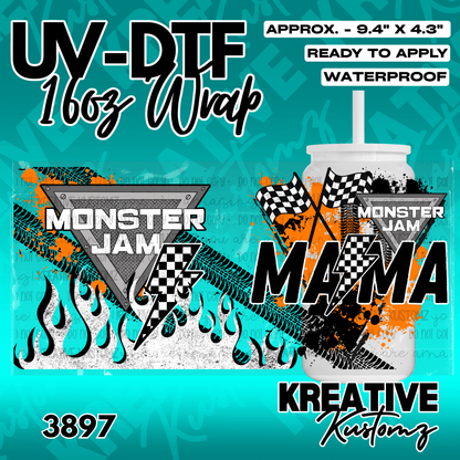 A Monster Truck Mama themed UV DTF adhesive wrap for a 16oz glass can.