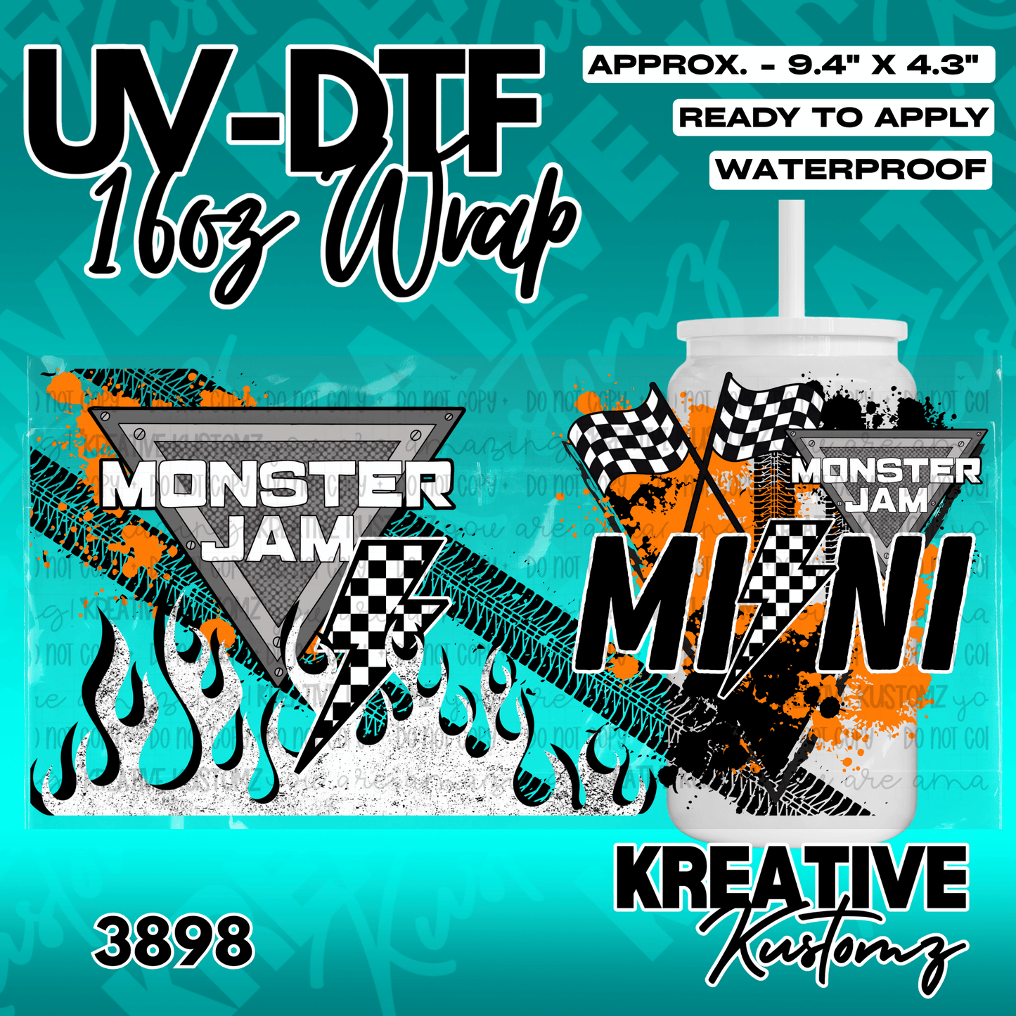 A Monster Jam themed UV DTF adhesive wrap for a 16oz glass can featuring racing graphics.