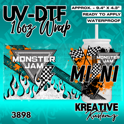 A Monster Jam themed UV DTF adhesive wrap for a 16oz glass can featuring racing graphics.