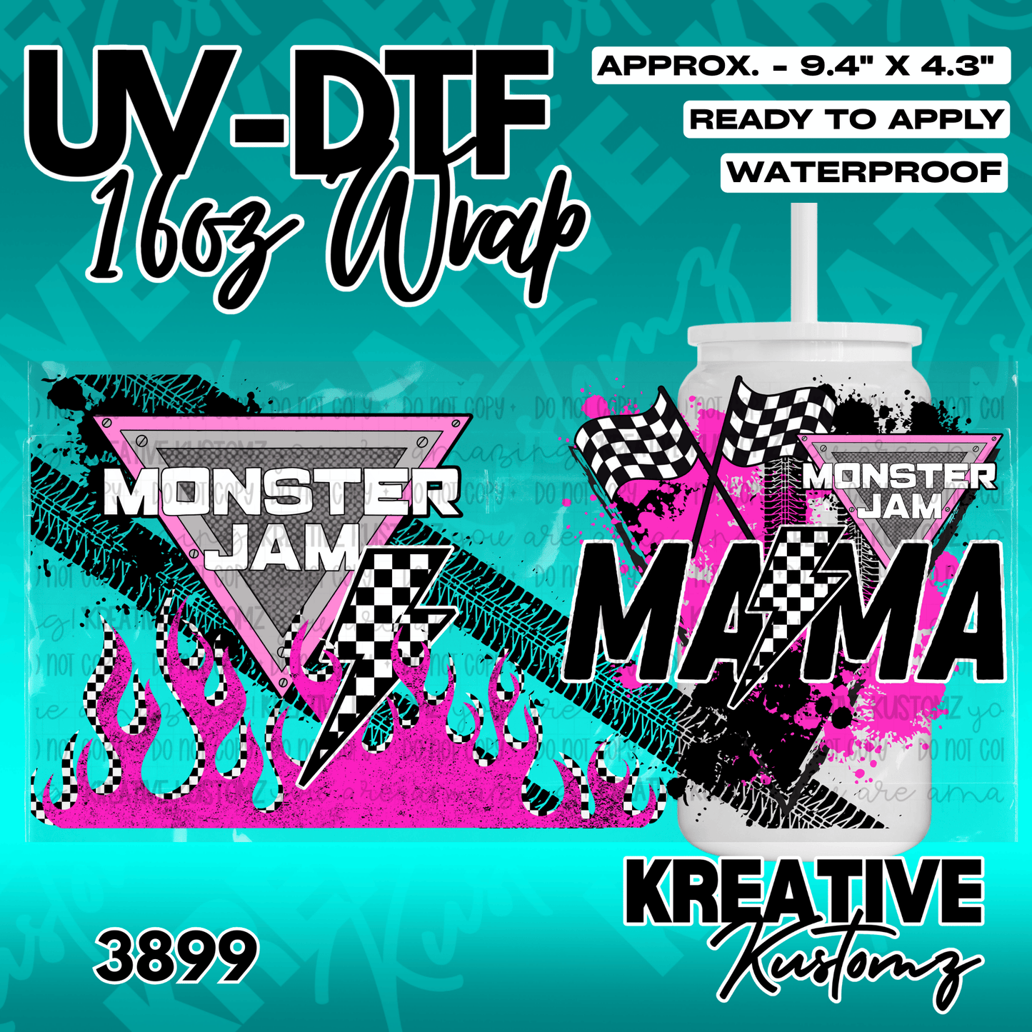 A Monster Truck Mama themed UV DTF adhesive wrap for a 16oz glass can.