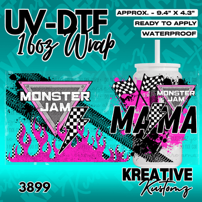 A Monster Truck Mama themed UV DTF adhesive wrap for a 16oz glass can.